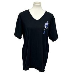 Hand Printed Womens XL Blue Jay Bird V-Neck Slim Fit 100% Cotton Tee Shirt
